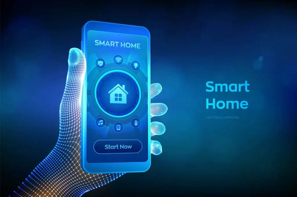 smart home. automation control system concept. futuristic interface of smart home automation assistant on a virtual screen. closeup smartphone in wireframe hand. vector illustration.